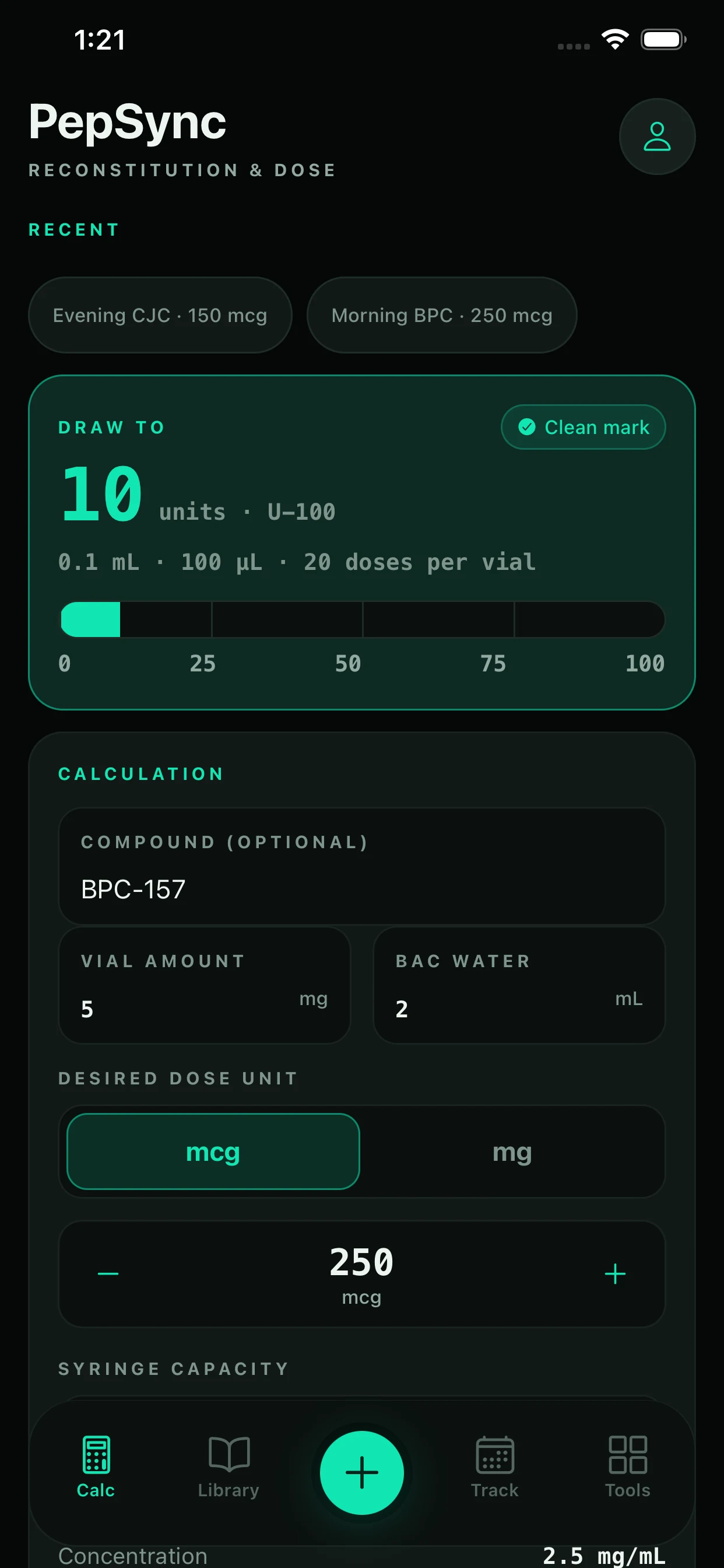 PepSync calculator showing a clean 10-unit syringe draw