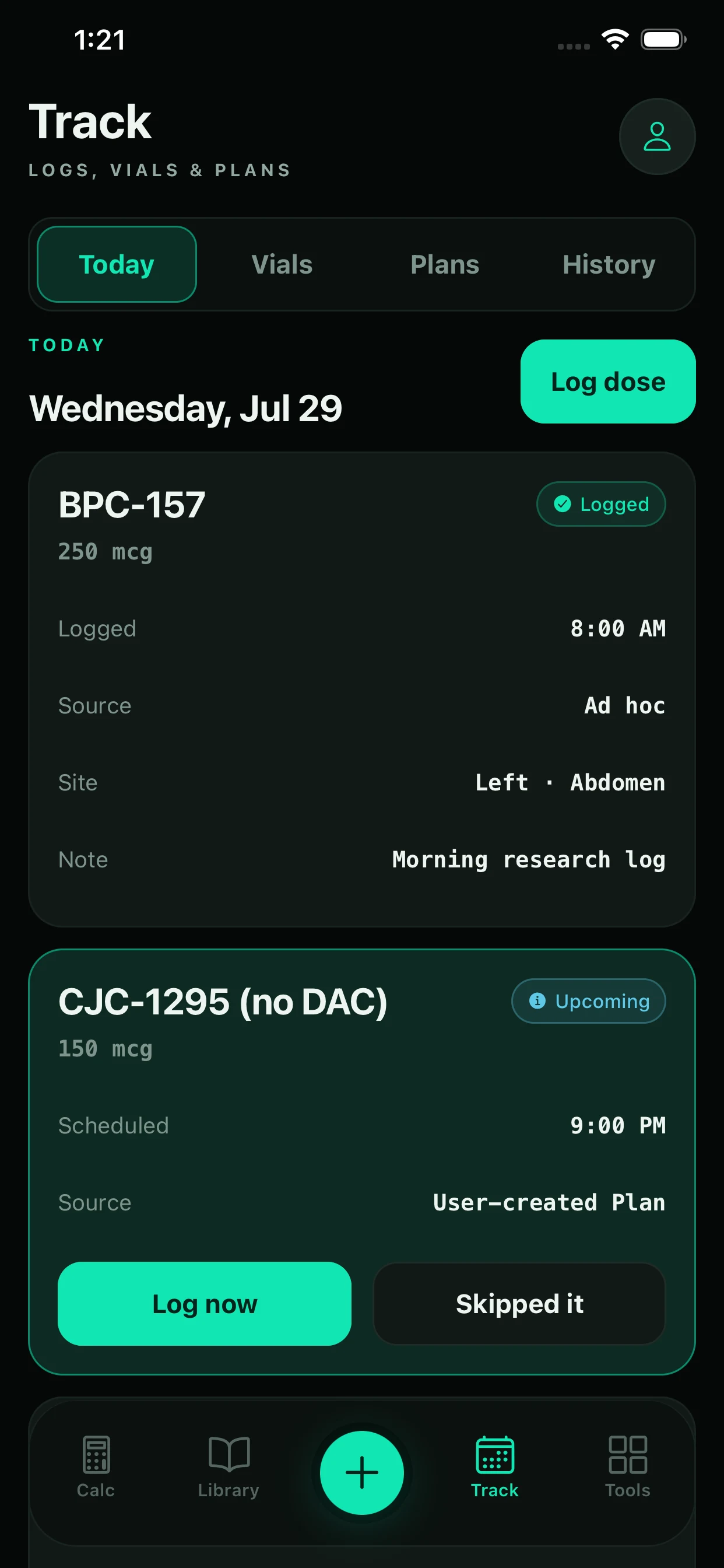 PepSync Today screen showing a completed factual log and an upcoming user-created Plan entry